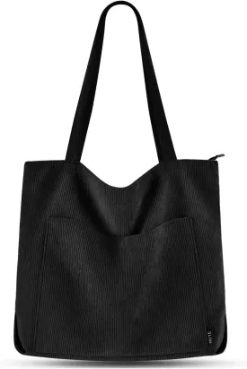 Prite Corduroy Tote Bag for Women Large Shoulder Bag with Zipper and Pockets for College Work Travel Shopping