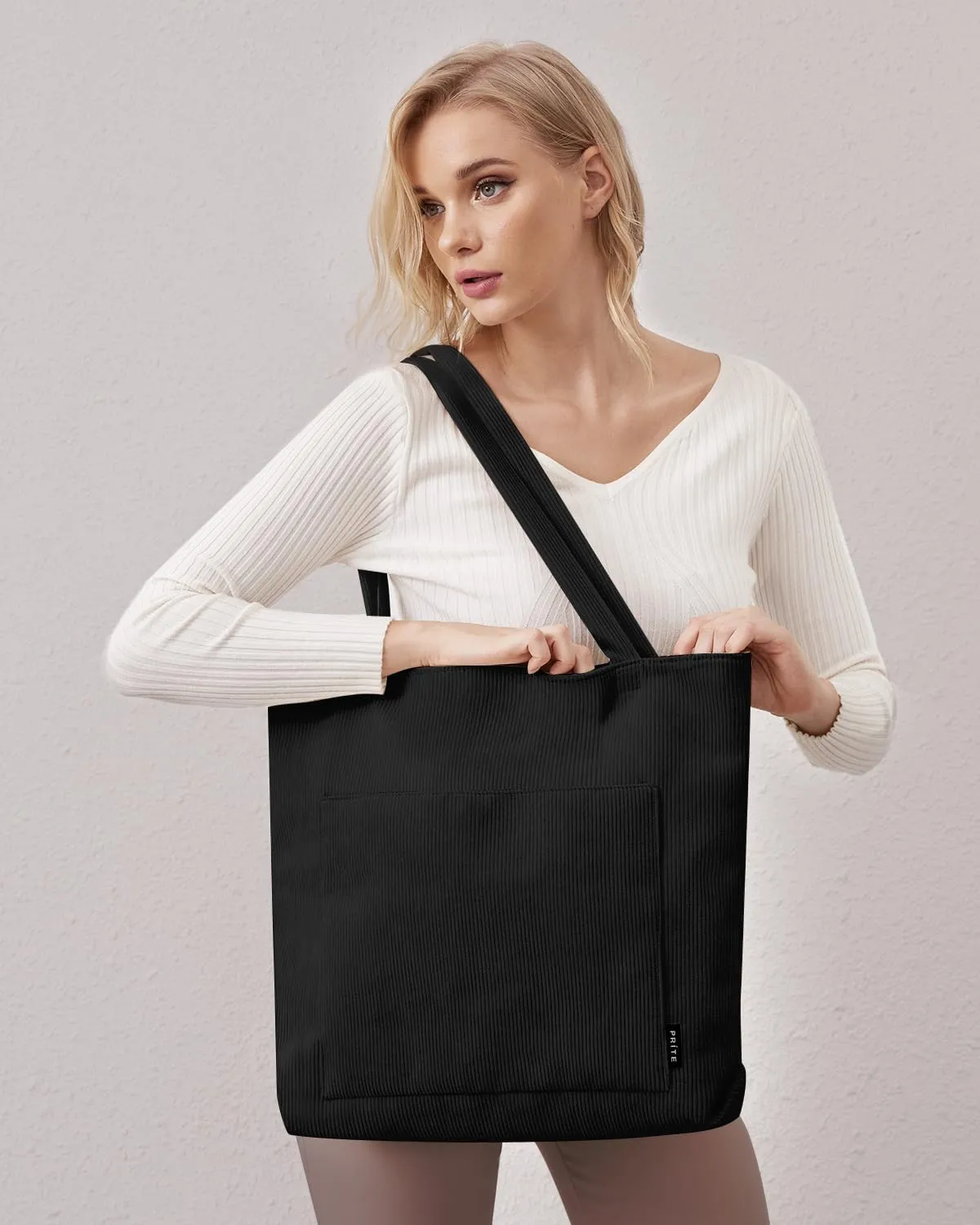 Prite Corduroy Tote Bag for Women Large Shoulder Bag with Zipper and Pockets for College Work Travel Shopping