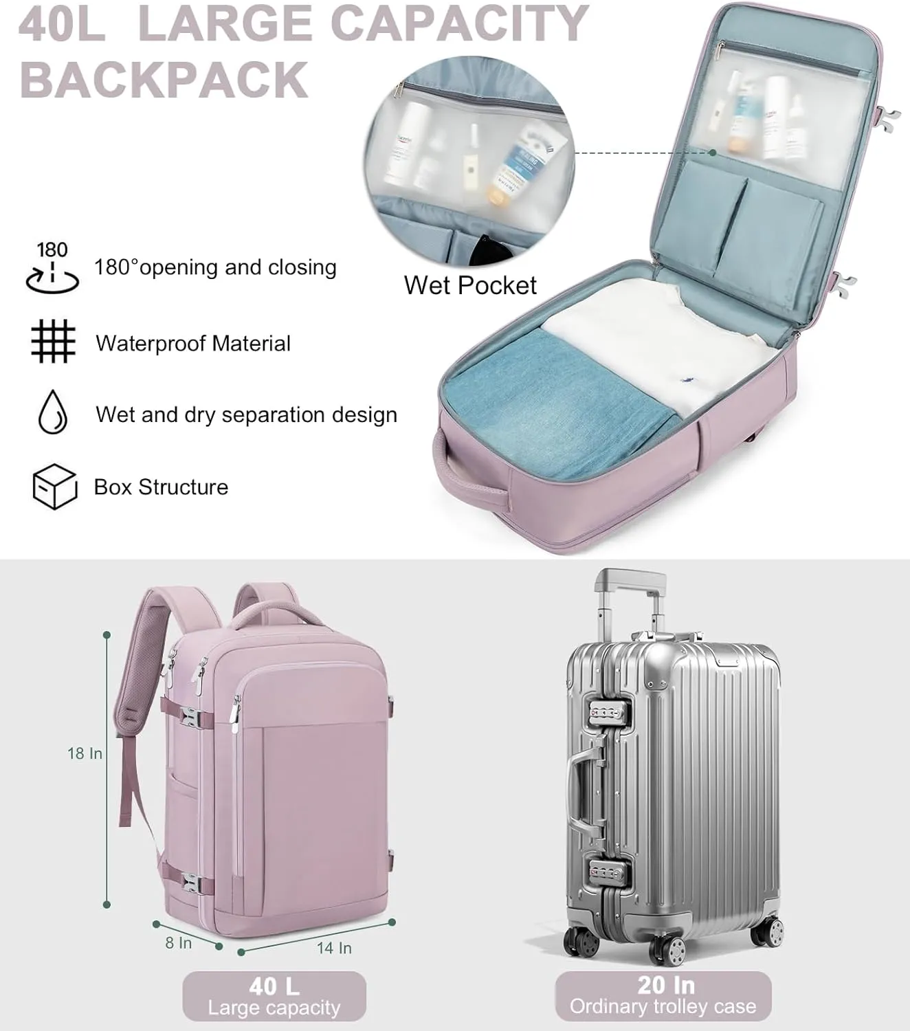 RDTGO Travel Backpack For Women, 40L Carry-On Backpack, Airline Approved Personal Item Bag, Waterproof Laptop Backpack with Large Duffel, Casual Daypack for Buisness Gym Weekend Hiking (Pink)