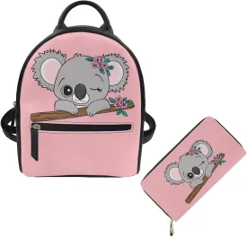 Showudesigns Cute Koala Backpack Mini Purse for Teen Girls Leather Shoulder Bags Wallet Small Zipper Back Pack Travel Daypack Sackpack Daily Use Tote Bag Handbag 2 Pack Pink
