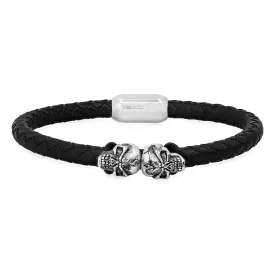 SteelTime Men's Black Braided Leather and Stainless Steel Skulls Bracelet