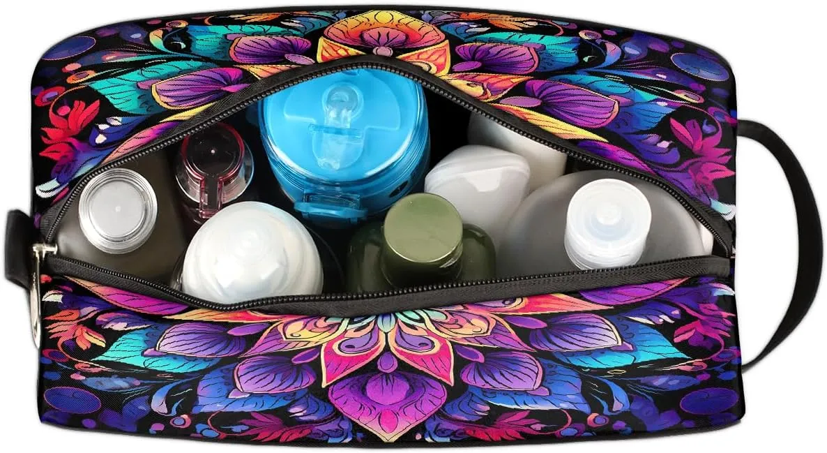 Travel Makeup Bag for Women, Portable Cosmetic Organizer Pouch, Wide Open Toiletries Travel Bag with Handle, Colorful Mandala Bohemian Flower