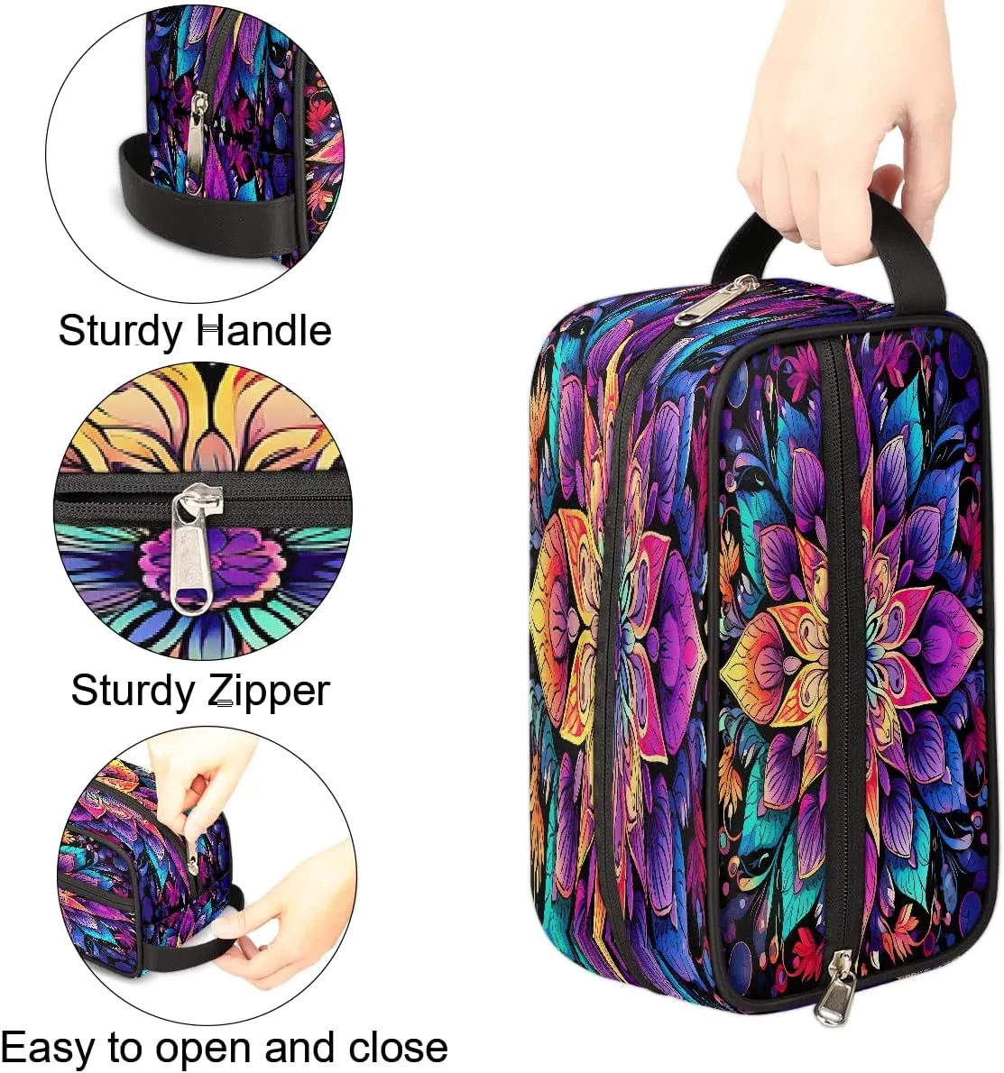 Travel Makeup Bag for Women, Portable Cosmetic Organizer Pouch, Wide Open Toiletries Travel Bag with Handle, Colorful Mandala Bohemian Flower