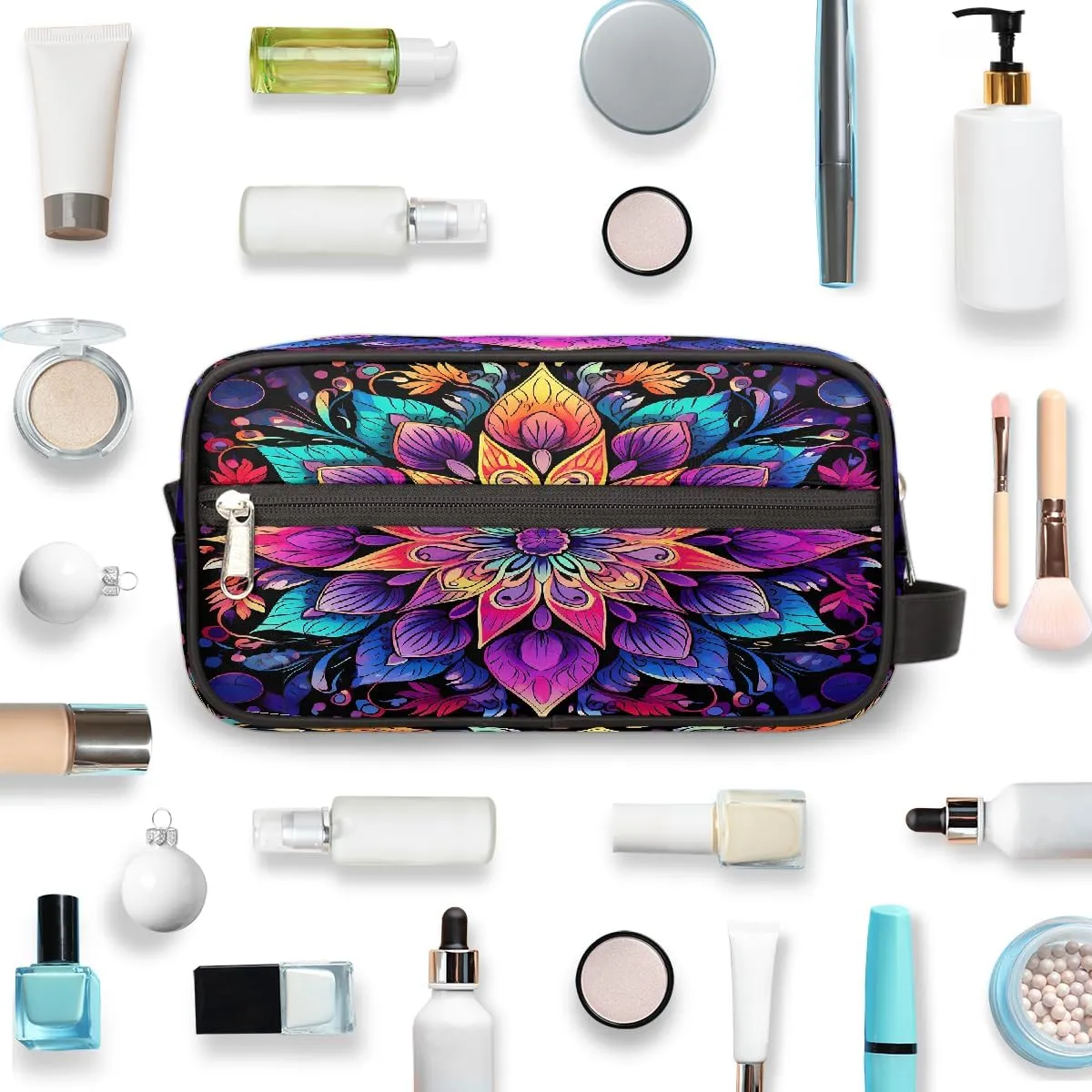 Travel Makeup Bag for Women, Portable Cosmetic Organizer Pouch, Wide Open Toiletries Travel Bag with Handle, Colorful Mandala Bohemian Flower