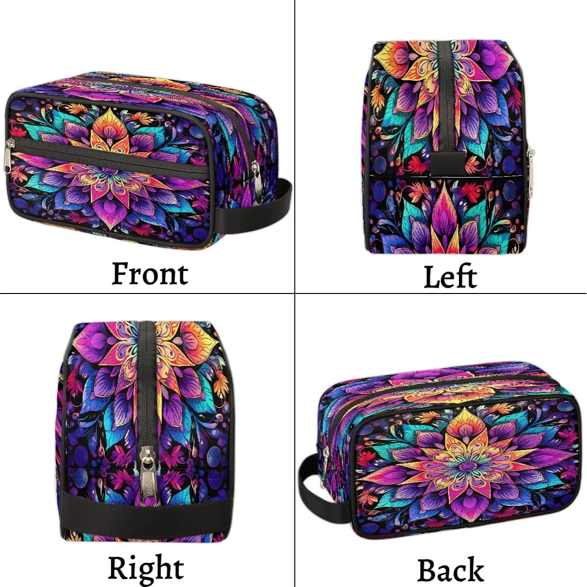 Travel Makeup Bag for Women, Portable Cosmetic Organizer Pouch, Wide Open Toiletries Travel Bag with Handle, Colorful Mandala Bohemian Flower