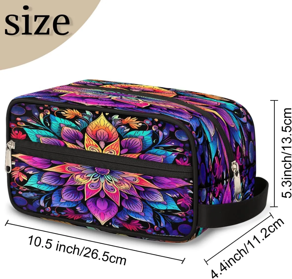 Travel Makeup Bag for Women, Portable Cosmetic Organizer Pouch, Wide Open Toiletries Travel Bag with Handle, Colorful Mandala Bohemian Flower