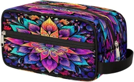 Travel Makeup Bag for Women, Portable Cosmetic Organizer Pouch, Wide Open Toiletries Travel Bag with Handle, Colorful Mandala Bohemian Flower