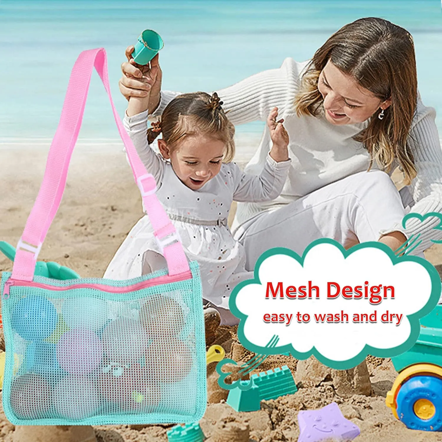 UTTPLL Colorful Mesh Beach Bag Adjustable Kids Quick Dry Net Tote for Seashell Collecting Sand Toy Swimming Accessories