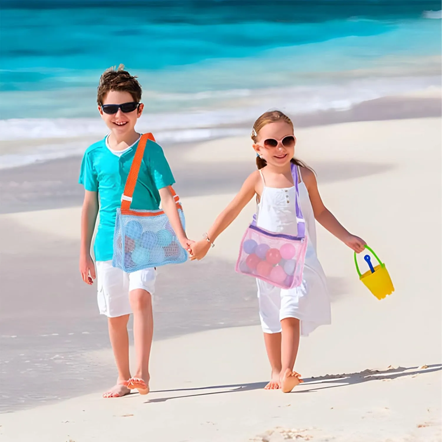 UTTPLL Colorful Mesh Beach Bag Adjustable Kids Quick Dry Net Tote for Seashell Collecting Sand Toy Swimming Accessories