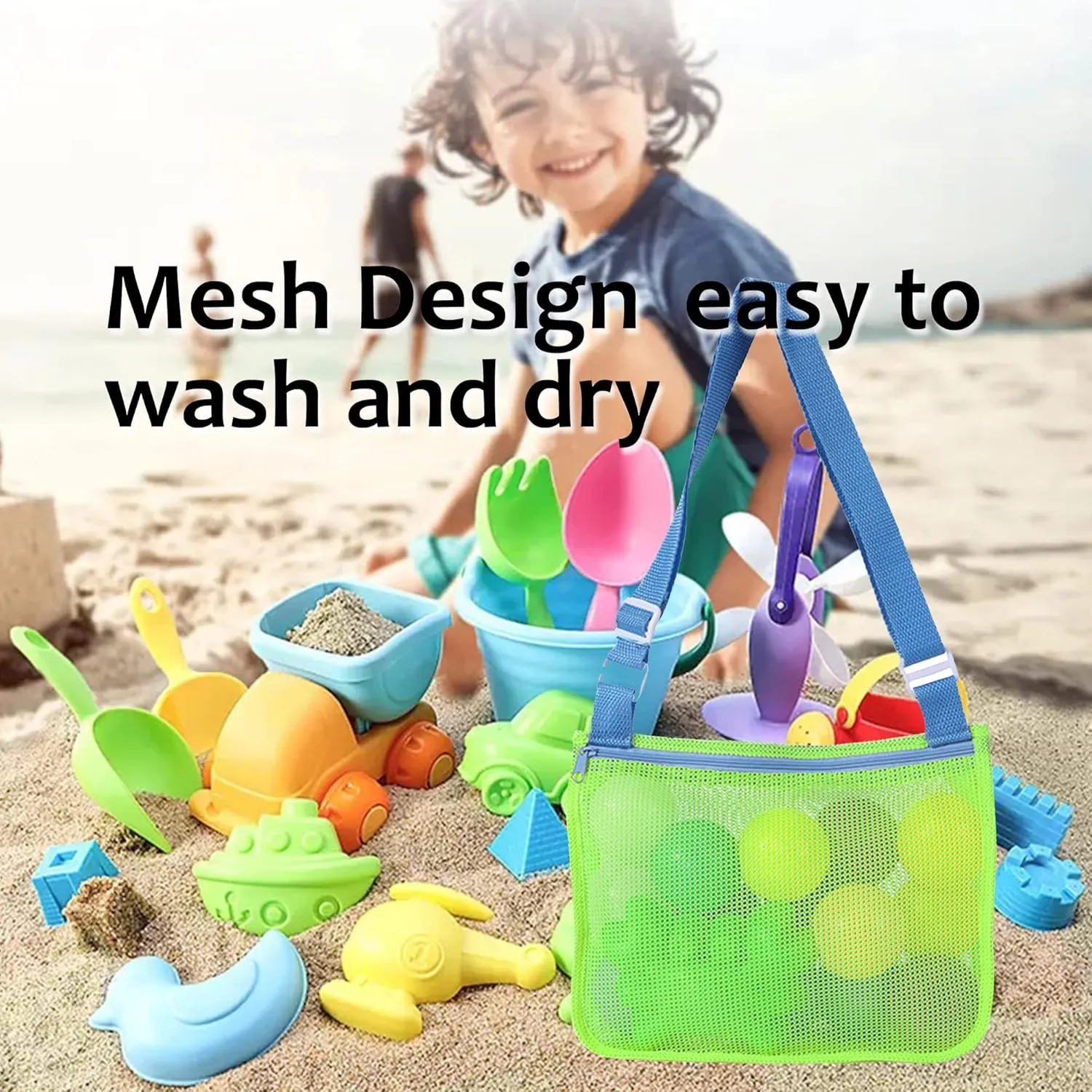 UTTPLL Colorful Mesh Beach Bag Adjustable Kids Quick Dry Net Tote for Seashell Collecting Sand Toy Swimming Accessories