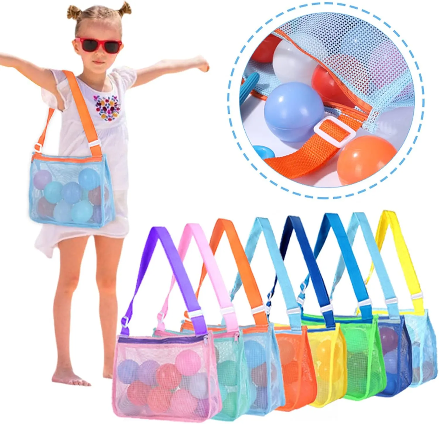UTTPLL Colorful Mesh Beach Bag Adjustable Kids Quick Dry Net Tote for Seashell Collecting Sand Toy Swimming Accessories