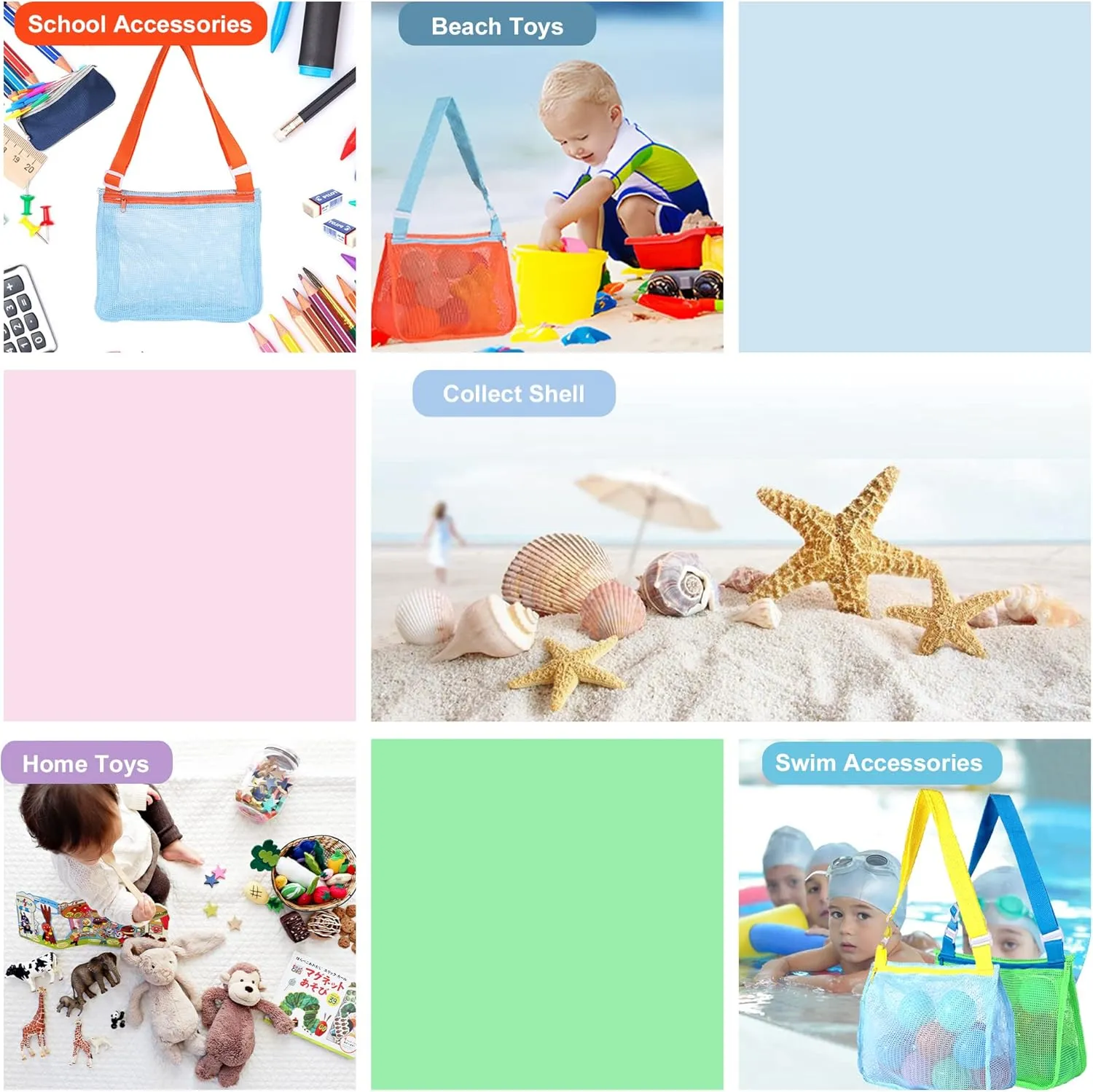 UTTPLL Colorful Mesh Beach Bag Adjustable Kids Quick Dry Net Tote for Seashell Collecting Sand Toy Swimming Accessories