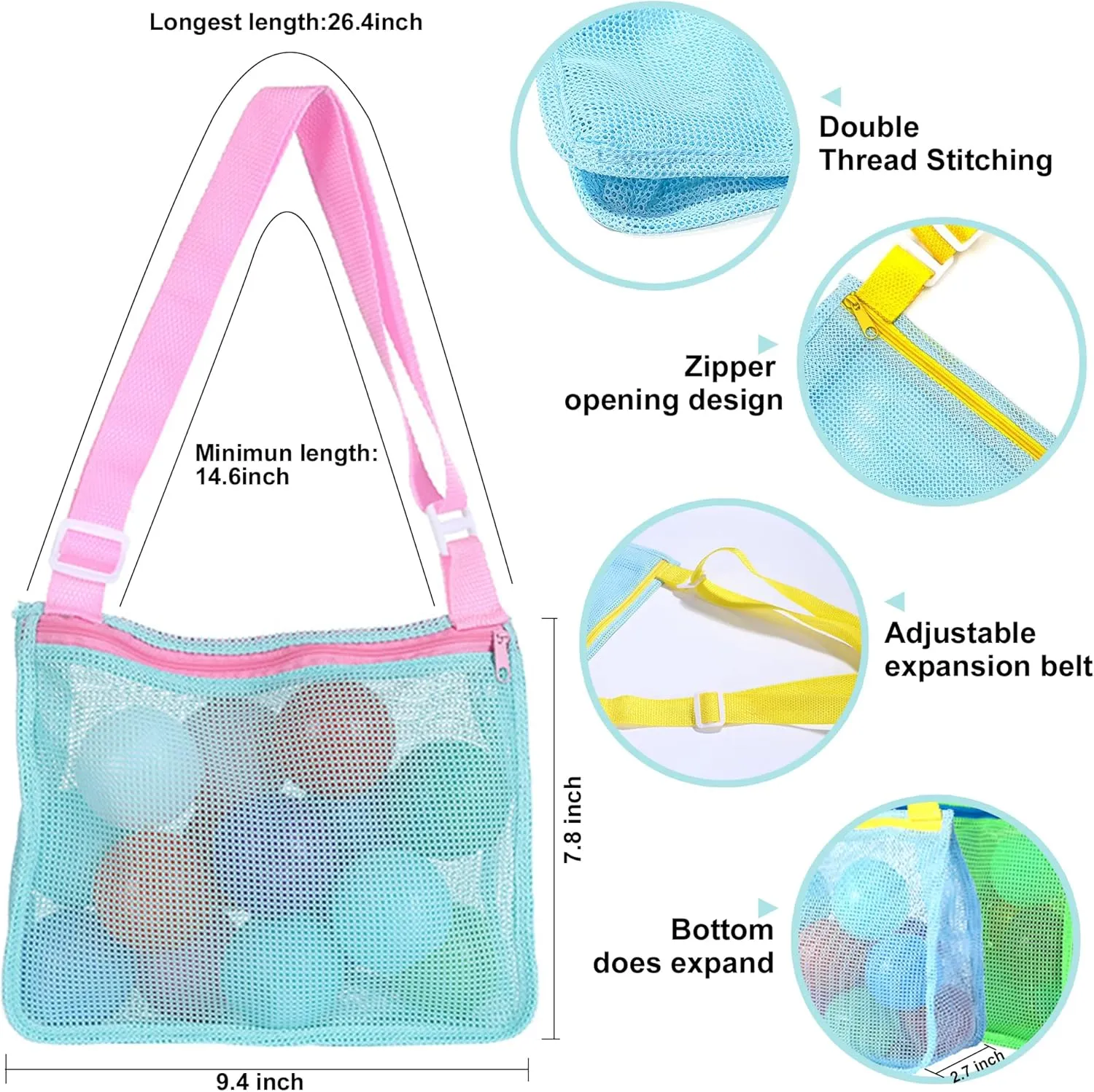 UTTPLL Colorful Mesh Beach Bag Adjustable Kids Quick Dry Net Tote for Seashell Collecting Sand Toy Swimming Accessories