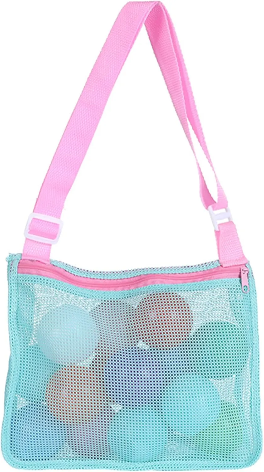 UTTPLL Colorful Mesh Beach Bag Adjustable Kids Quick Dry Net Tote for Seashell Collecting Sand Toy Swimming Accessories