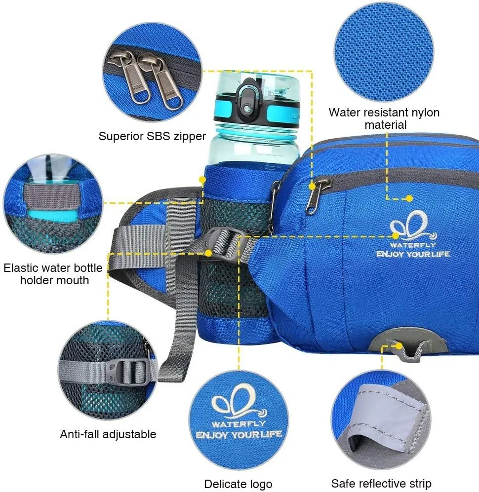 WATERFLY Fanny Pack Waist Bag: Fannie Pack 2 Water Bottle Holders Lumbar Belt Hiking Walking Running Jogging Camping Large Woman Man (Bottle Not Included