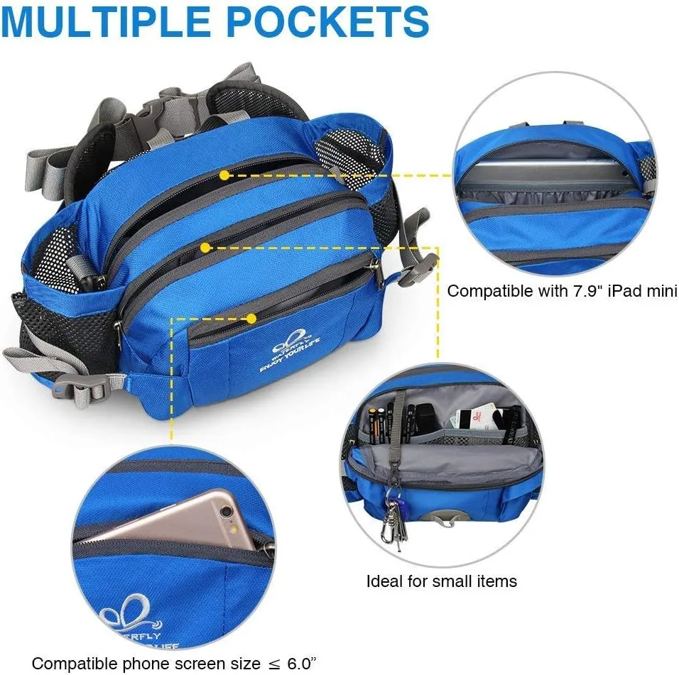 WATERFLY Fanny Pack Waist Bag: Fannie Pack 2 Water Bottle Holders Lumbar Belt Hiking Walking Running Jogging Camping Large Woman Man (Bottle Not Included