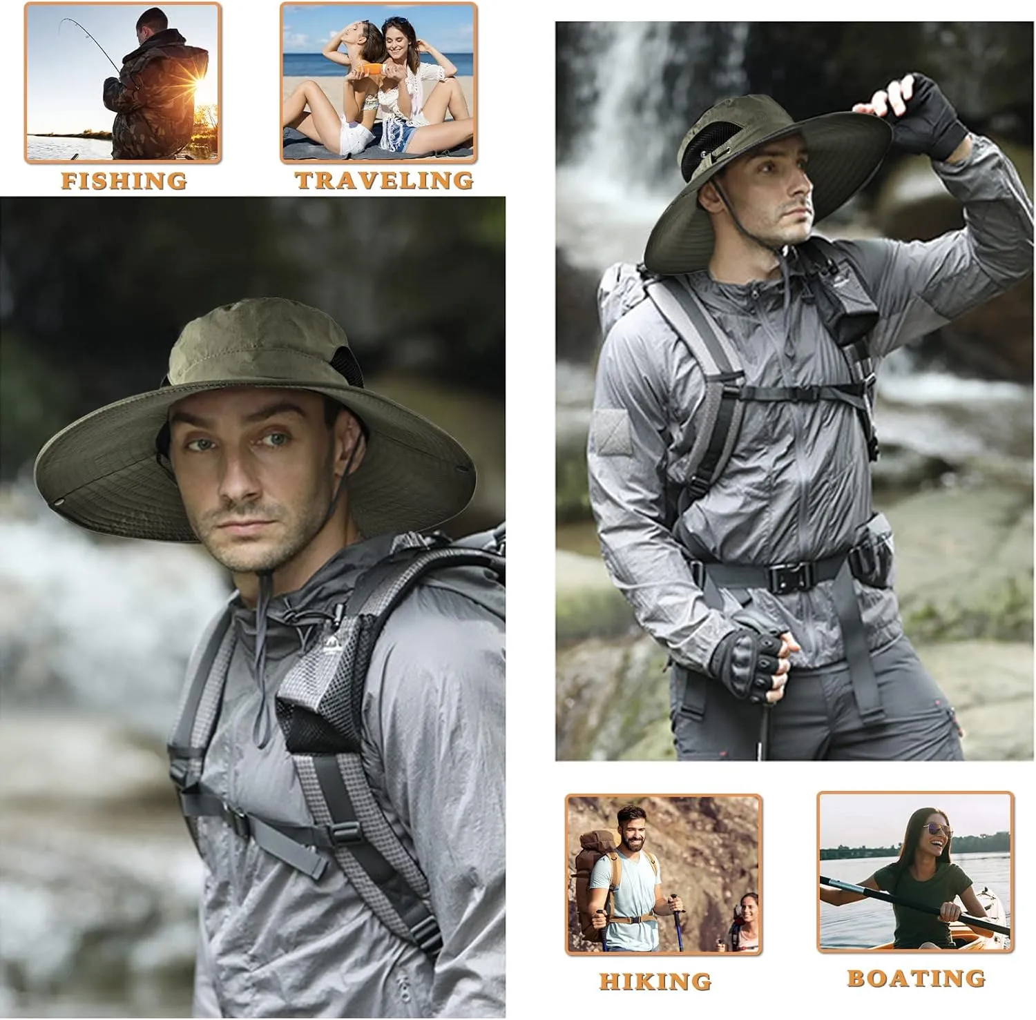 Wide Brim Fishing Sun Hat for Men Women, UPF 50  Waterproof Bucket Boonie Hat Hiking Camping Safari Garden Beach