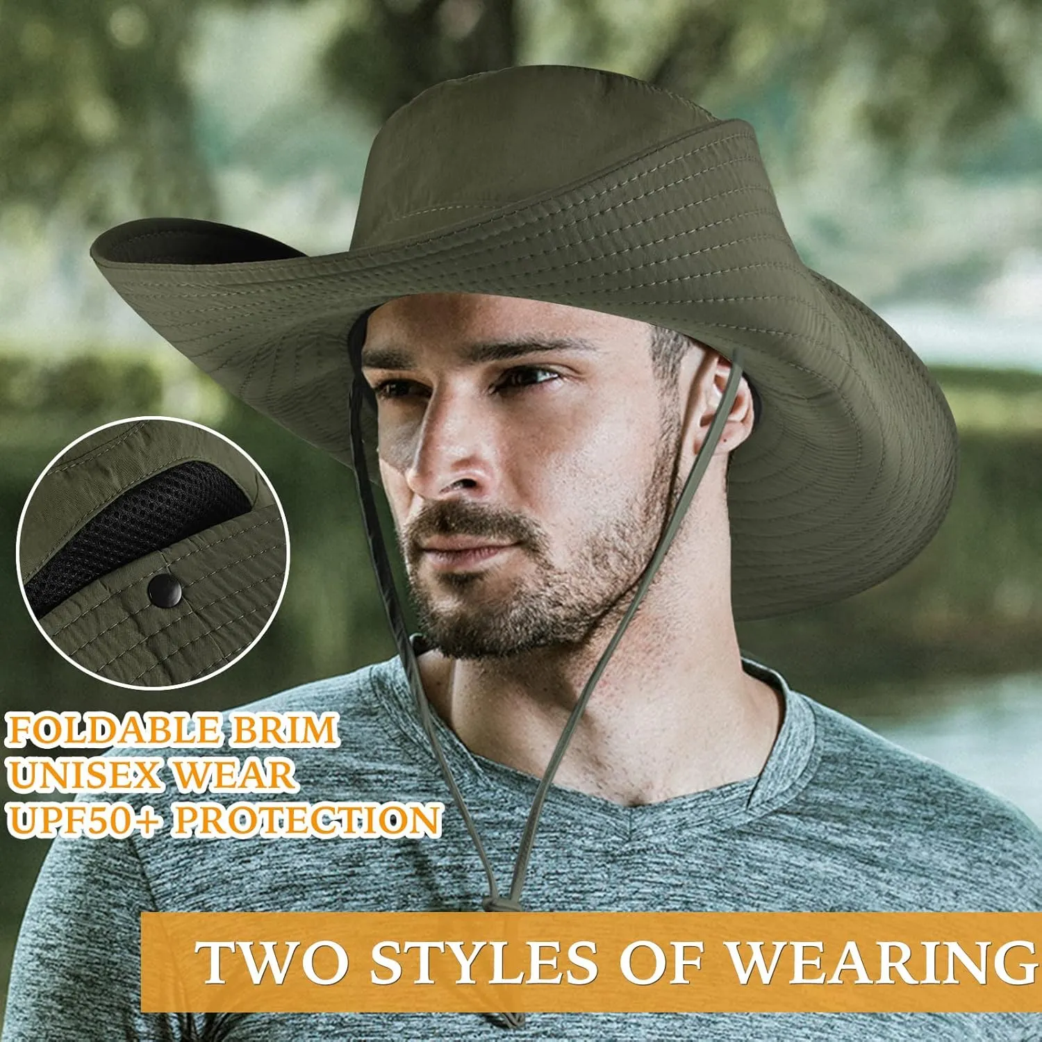 Wide Brim Fishing Sun Hat for Men Women, UPF 50  Waterproof Bucket Boonie Hat Hiking Camping Safari Garden Beach